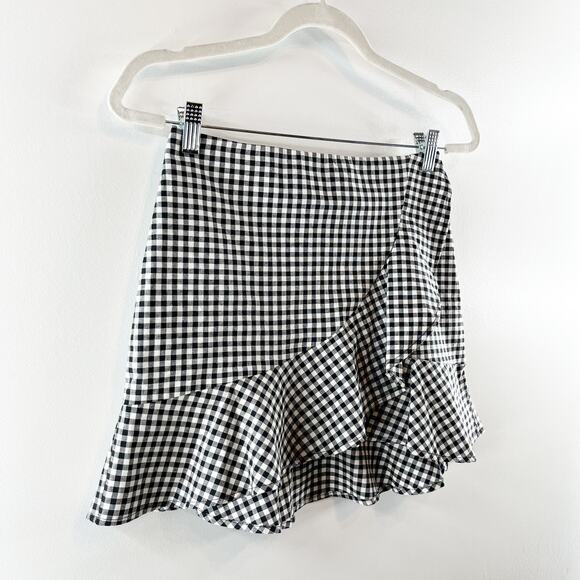 H&M Wrap Front Ruffle Hem Gingham Mini Skirt Black White 6 - Picture 6 of 12